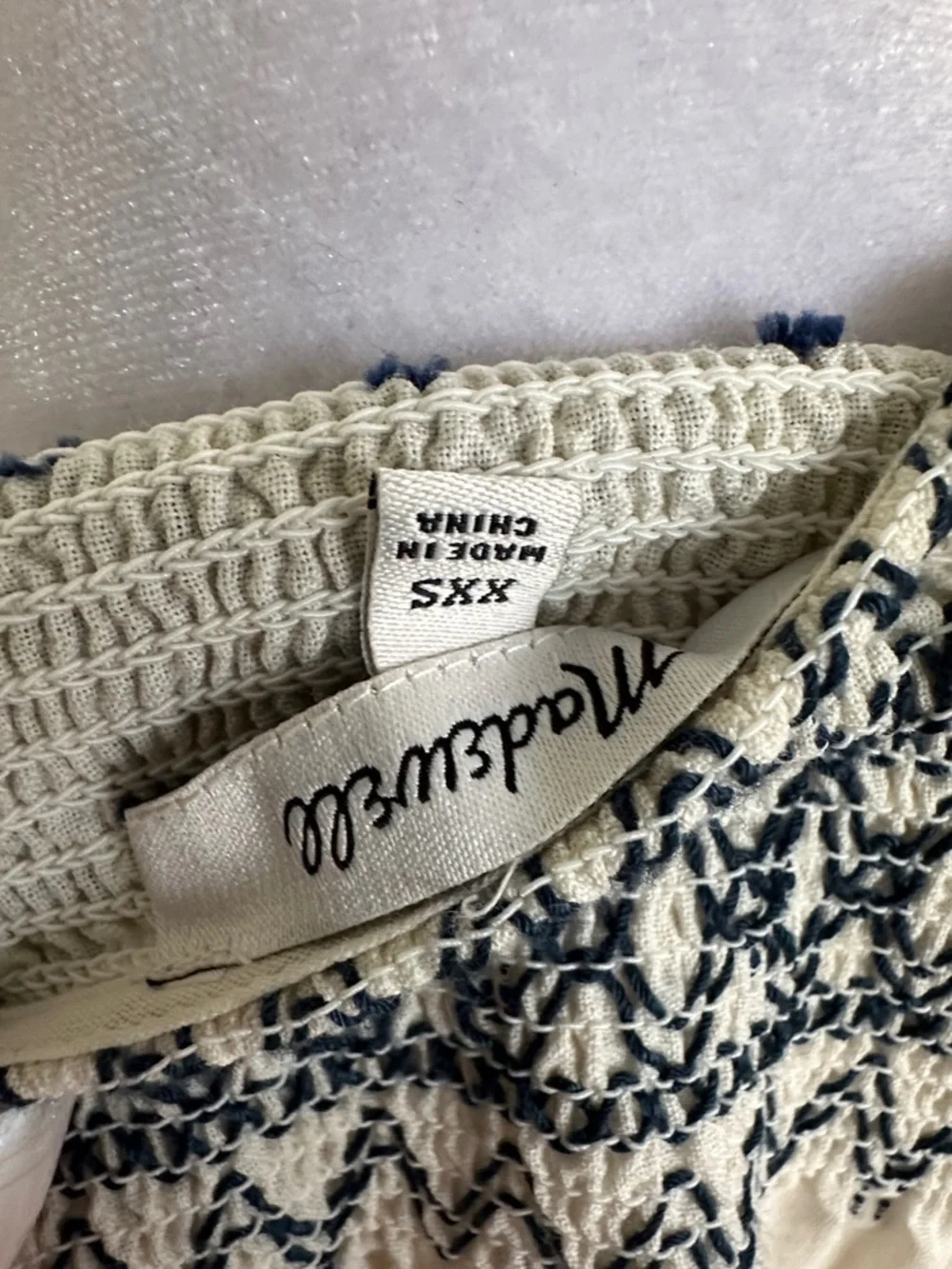 Madewell Cream Blouse with Black Smocked V-Neck